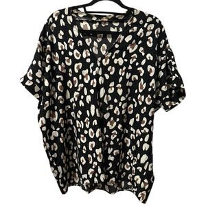 Jodifl Black Tan Animal Print V Neck Blouse Top Women’s M Short Sleeve Lagenlook